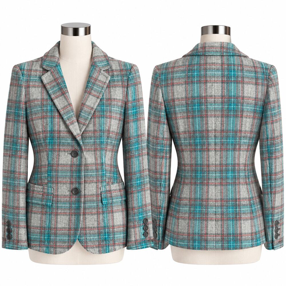 Talbots Plaid Wool Blend Blazer Women's 6 Gray Teal Red Two Button Jacket